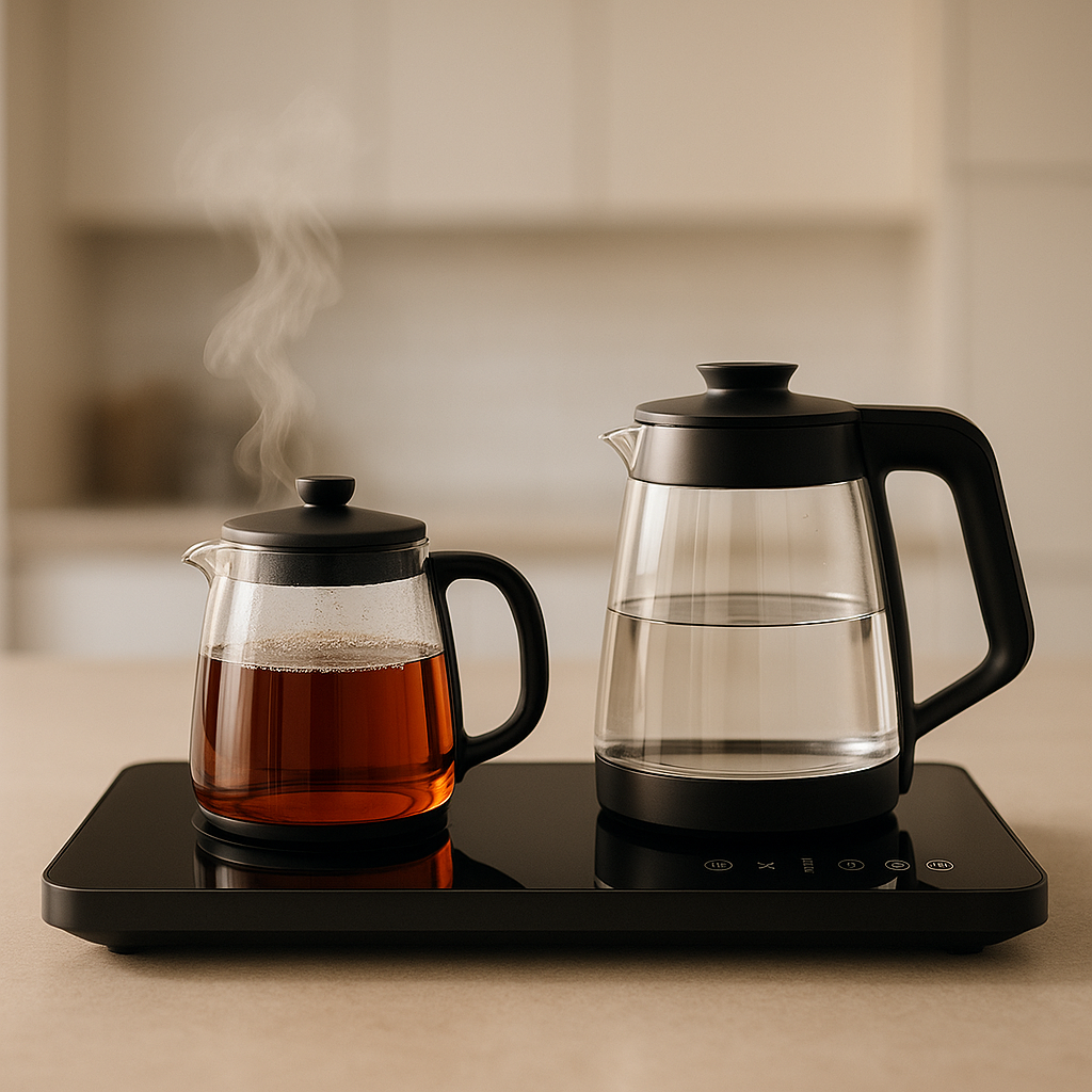 چای ساز صفحه ای در حال آماده سازی و دم کردن چای روی صفحه گرم نگهدارنده