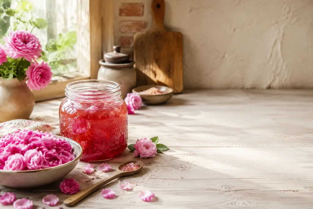 گل محمدی تازه، شکر و مربای آماده شده در حال تهیه به روش خانگی